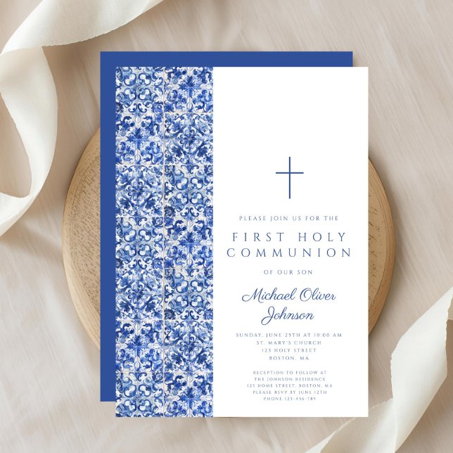 Convite Primeira Comunhão de Azulejos Azuis Modernos (Modern Cross Blue Tiles Boy First Communion Invitation)