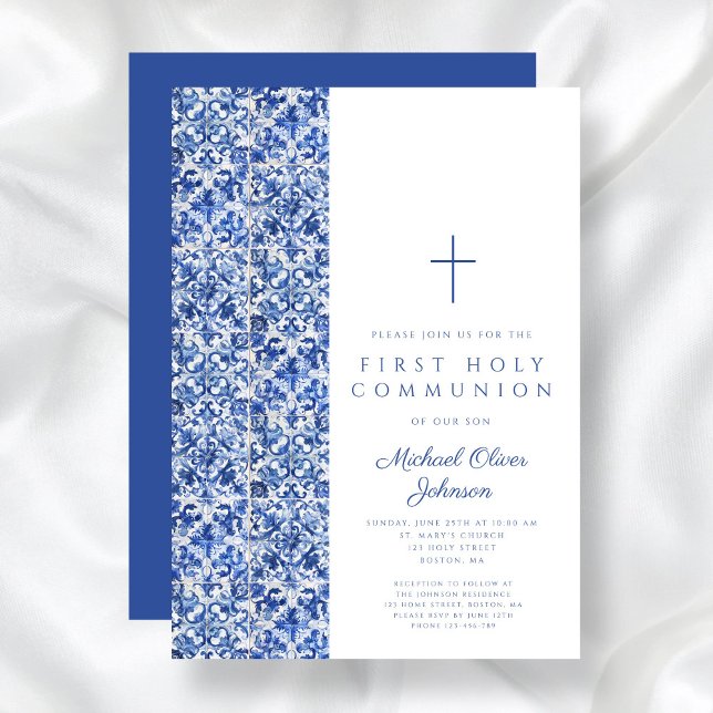 Convite Primeira Comunhão de Azulejos Azuis Modernos (Modern Cross Blue Tiles Boy First Communion Invitation)