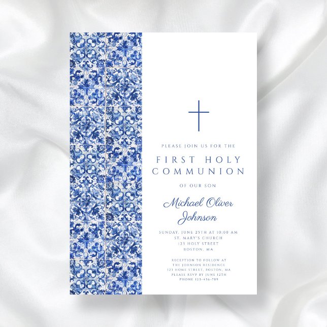 Convite Primeira Comunhão de Azulejos Azuis Modernos (Modern Cross Blue Tiles Boy First Communion Invitation)
