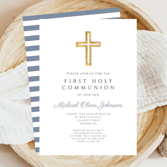Convite Primeira Comunhão de Blue Cross Boy (Modern Blue Cross Boy First Communion Invitation)