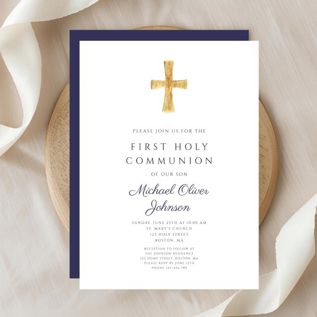 Convite Primeira Comunhão de Blue Cross Boy do Marinho Mod (Modern Navy Blue Cross Boy First Communion Invitation)