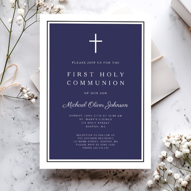 Convite Primeira Comunhão de Blue Cross Boy do Marinho Mod (Modern Navy Blue Cross Boy First Communion Invitation)