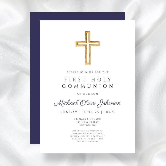 Convite Primeira Comunhão de Blue Cross Boy do Marinho Mod (Modern Navy Blue Cross Boy First Communion Invitation)