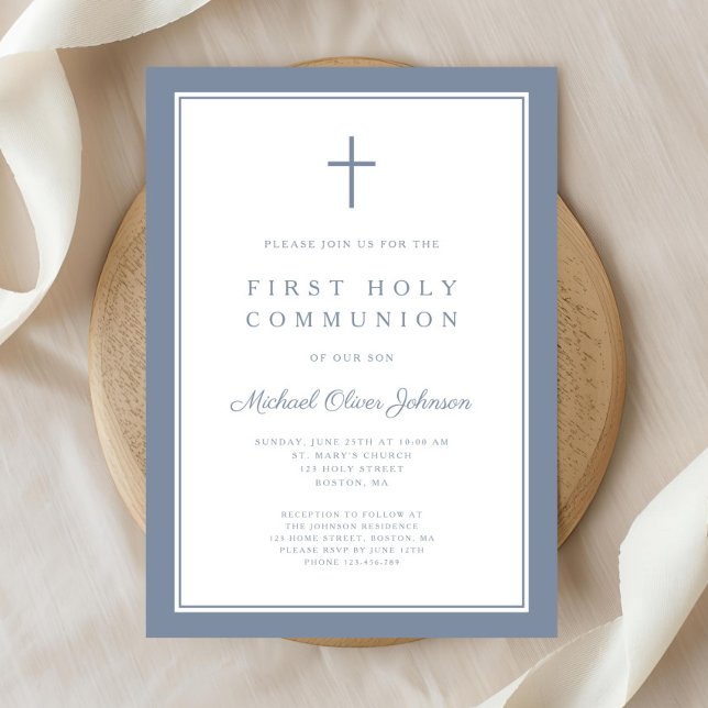 Convite Primeira Comunhão de Blue Cross Boy Modern Dusty (Modern Dusty Blue Cross Boy First Communion Invitation)
