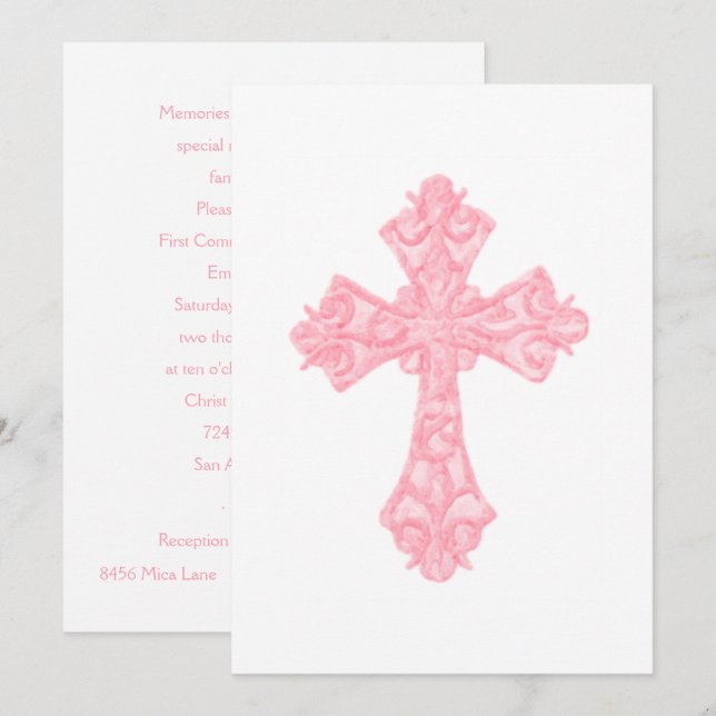 Convite Primeira Comunhão de Cores Aquáticas Rosa (Frente/Verso)