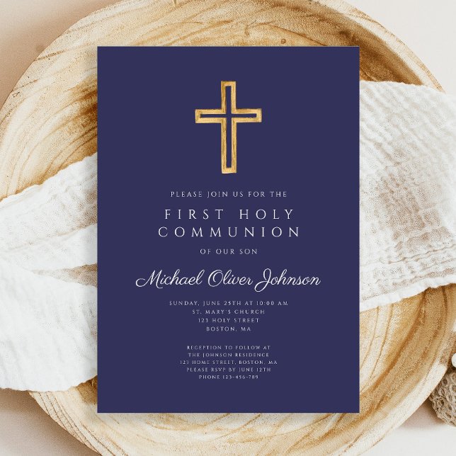 Convite Primeira Comunhão de Cristo Religioso marinho Azul (Navy Blue Religious Cross Boy First Communion Invitation)