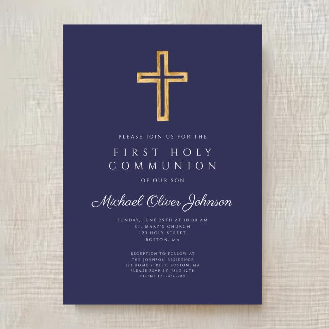 Convite Primeira Comunhão de Cristo Religioso marinho Azul (Navy Blue Religious Cross Boy First Communion Invitation)