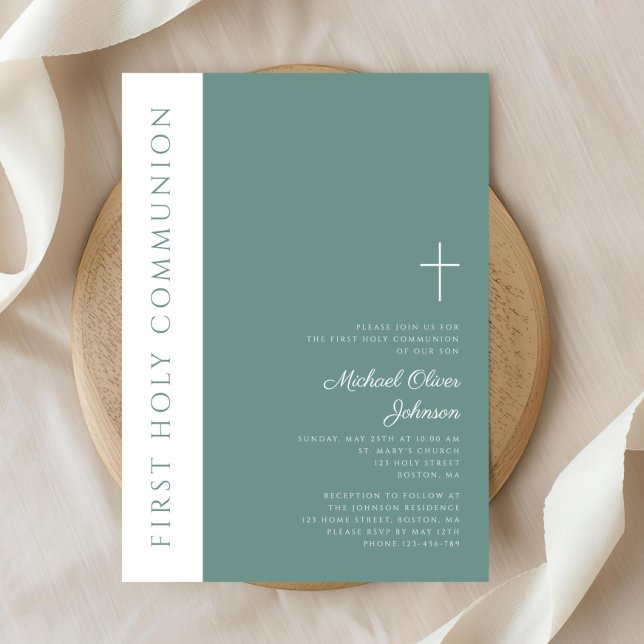 Convite Primeira Comunhão de Cristo Religioso Verde Modern (Modern Green Religious Cross Boy First Communion Invitation)
