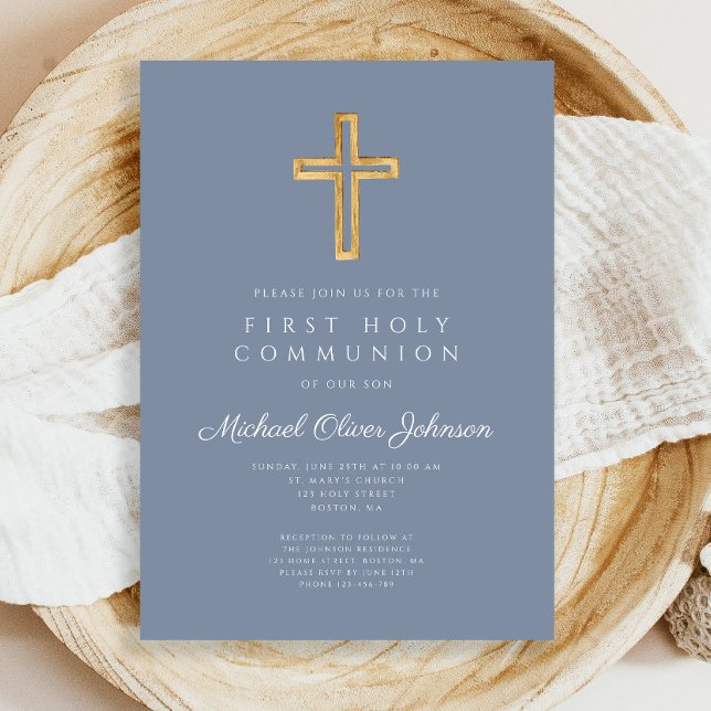 Convite Primeira Comunhão de Dusty Blue Religerian Cross B (Dusty Blue Religious Cross Boy First Communion Invitation)