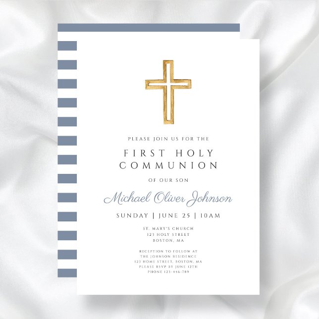 Convite Primeira Comunhão de Dusty Blue Religerian Cross B (Dusty Blue Religious Cross Boy First Communion Invitation)