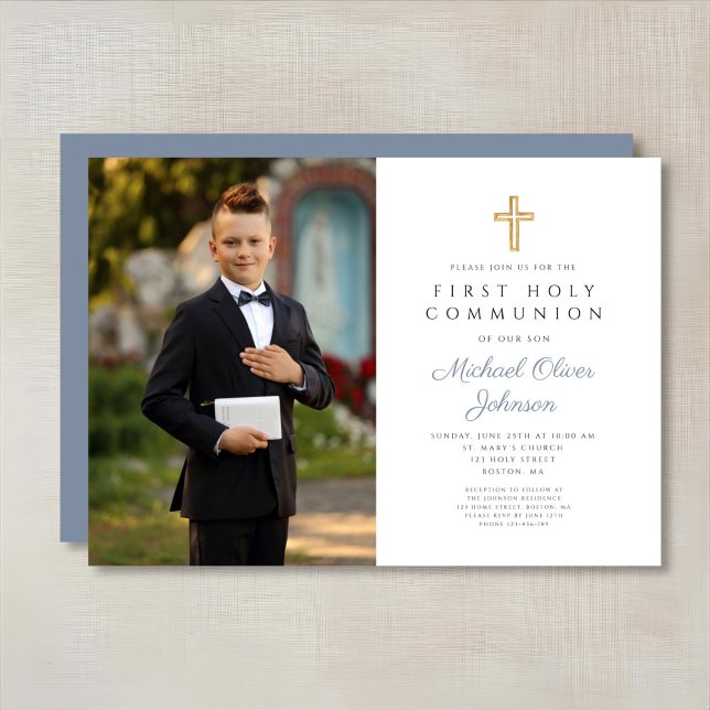 Convite Primeira Comunhão de Foto do Dusty Blue Cross (Dusty Blue Cross Photo Boy First Communion Invitation)
