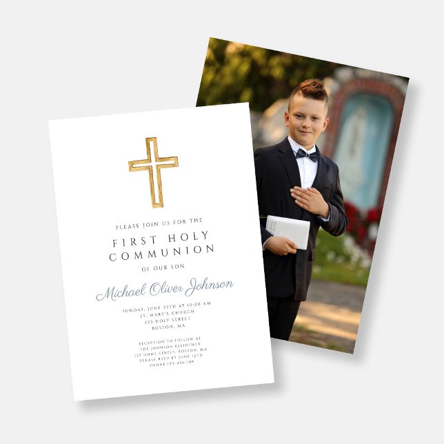 Convite Primeira Comunhão de Foto do Dusty Blue Cross (Dusty Blue Cross Photo Boy First Communion Invitation)