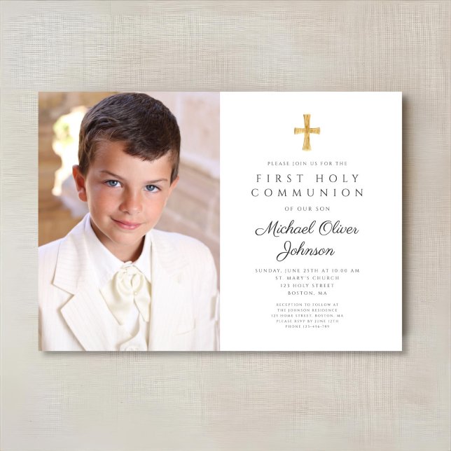 Convite Primeira Comunhão de Foto Religiosa Elegante (Elegant Religious Cross Photo Boy First Communion Invitation)