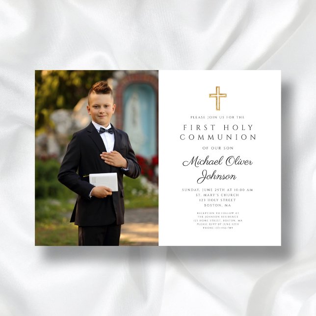 Convite Primeira Comunhão de Fotos Cruzadas Elegante (Elegant Cross Photo First Communion Invitation)
