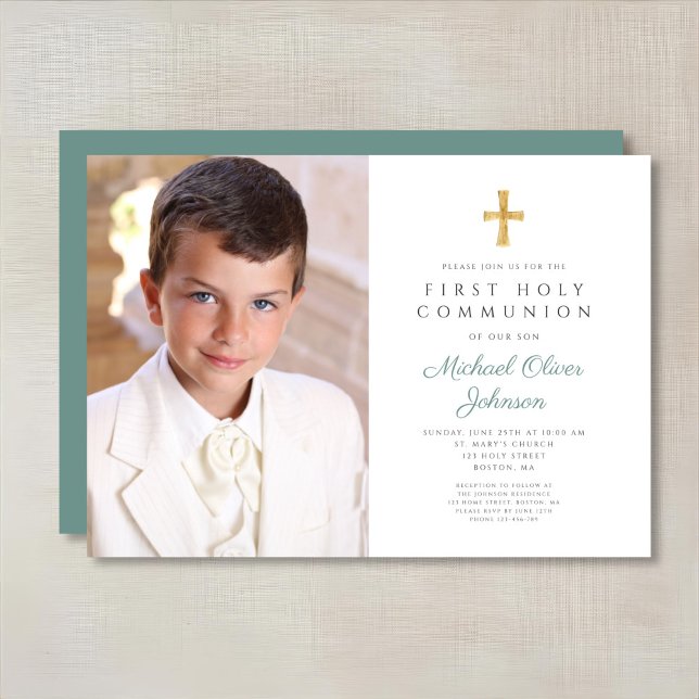 Convite Primeira Comunhão de Fotos da Cruz Verde Elegante (Elegant Green Cross Photo Boy First Communion Invitation)