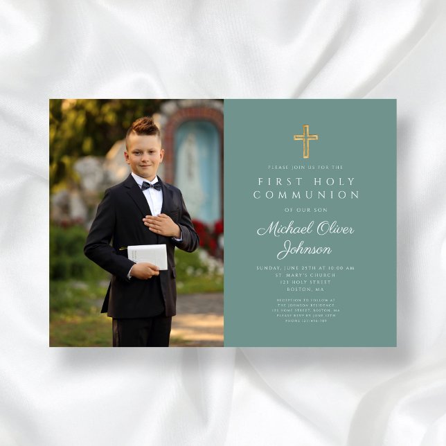 Convite Primeira Comunhão de Fotos da Cruz Verde Elegante (Elegant Green Cross Photo Boy First Communion Invitation)