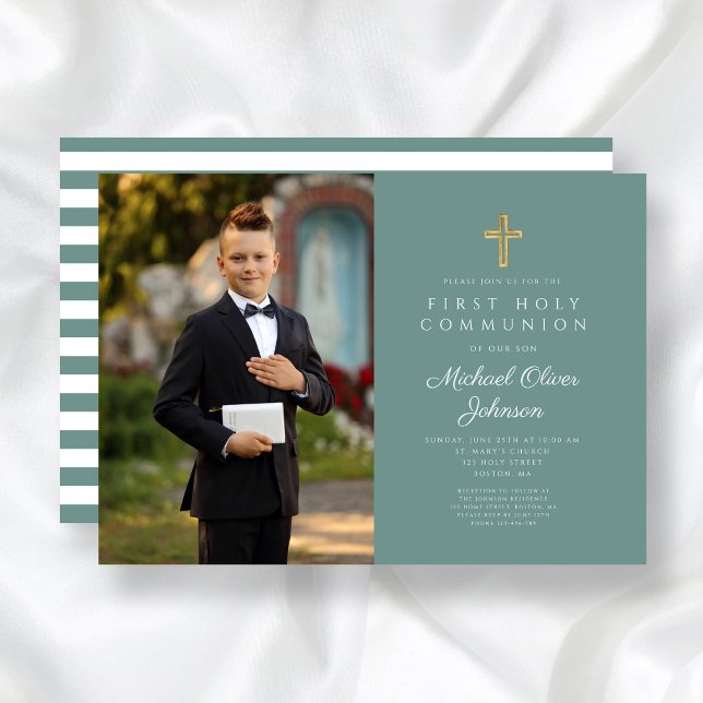 Convite Primeira Comunhão de Fotos da Cruz Verde Moderna (Modern Green Cross Photo Boy First Communion Invitation)
