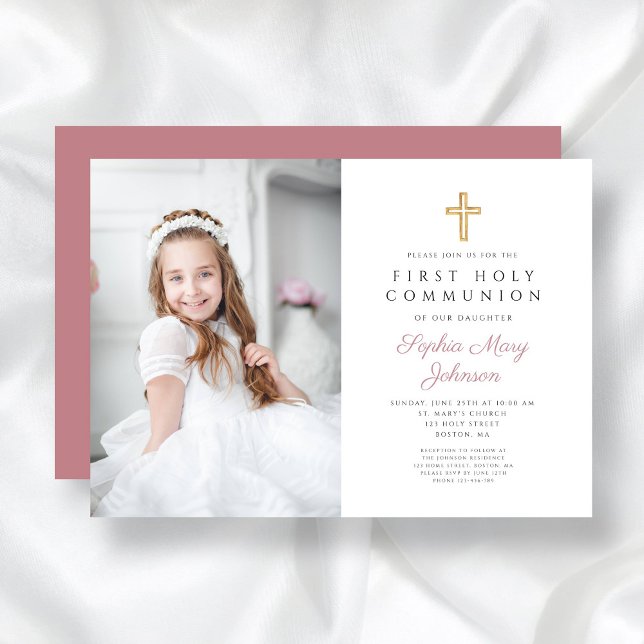 Convite Primeira Comunhão de Fotos de Rapariga Rosa Elegan (Pink Religious Cross Girl First Communion Photo Invitation)