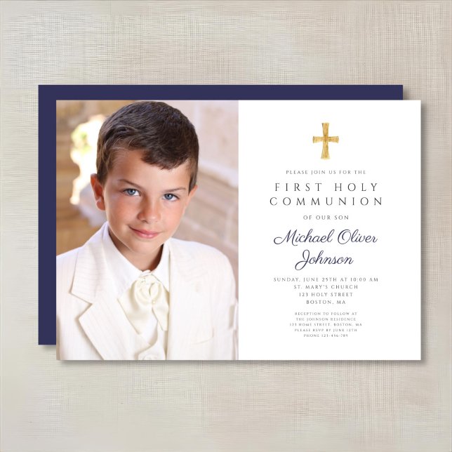Convite Primeira Comunhão de Fotos do Marinho Azul Cruz (Elegant Navy Blue Cross Photo Boy First Communion Invitation)