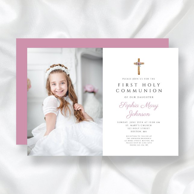 Convite Primeira Comunhão de Fotos Fotografa Cruzada Flora (Cute Pink Floral Cross Photo Girl First Communion Invitation)