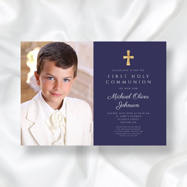 Convite Primeira Comunhão de Marinho Azul de Foto (Elegant Navy Blue Photo Boy First Communion Invitation)