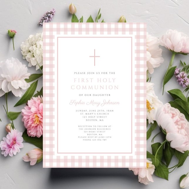 Convite Primeira Comunhão de Menina com Xadrez Rosa Elegan (Elegant Pink Gingham Girl First Communion Invitation)