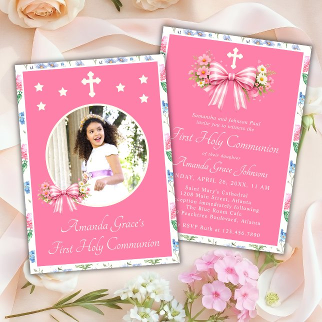 Convite Primeira Comunhão de Menina Laço Rosa de Flor Silv (Criador carregado)