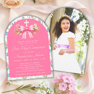 Convite Primeira Comunhão de Menina Laço Rosa de Flor Silv