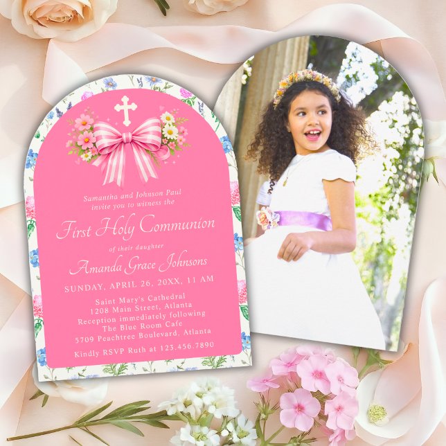 Convite Primeira Comunhão de Menina Laço Rosa de Flor Silv (Criador carregado)
