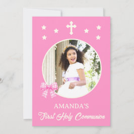 Convite Primeira Comunhão de Menina Laço Rosa Xadrez Foto