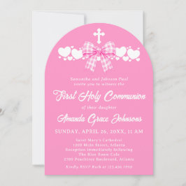 Convite Primeira Comunhão de Menina Laço Xadrez Rosa Foto