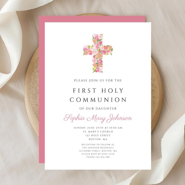 Convite Primeira Comunhão de Menina Religiosa Cruz Floral  (Pink Floral Cross Religious Girl First Communion Invitation)
