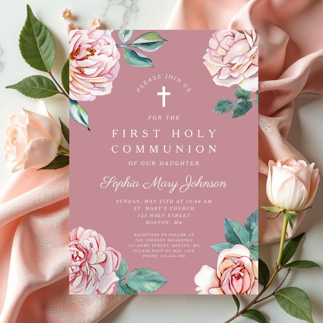 Convite Primeira Comunhão de Menina Religiosa Floral Rosa  (Elegant Pink Floral Religious Girl First Communion Invitation)