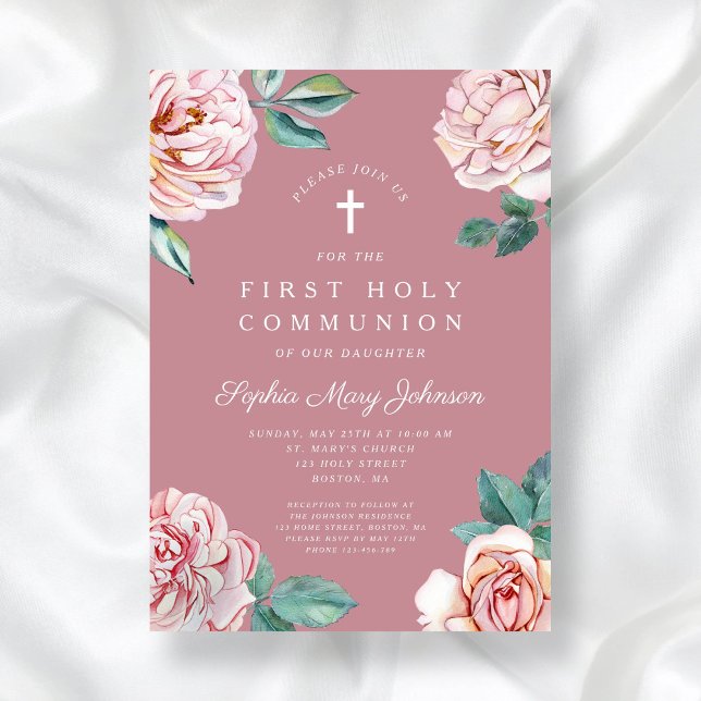 Convite Primeira Comunhão de Menina Religiosa Floral Rosa  (Elegant Pink Floral Religious Girl First Communion Invitation)