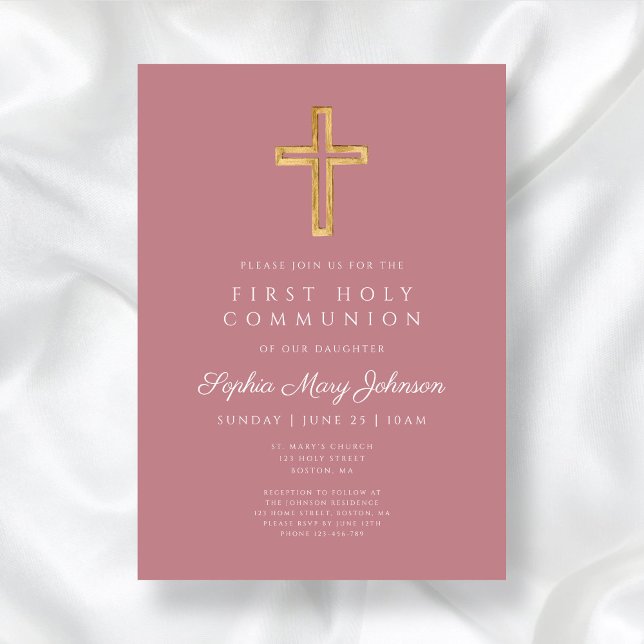 Convite Primeira Comunhão de Menina Religiosa Rosa Moderna (Modern Dusty Pink Religious Girl First Communion Invitation)