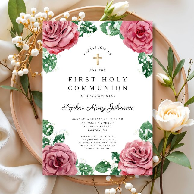 Convite Primeira Comunhão de Meninas Religiosas Florais El (Elegant Floral Religious Girl First Communion Invitation)