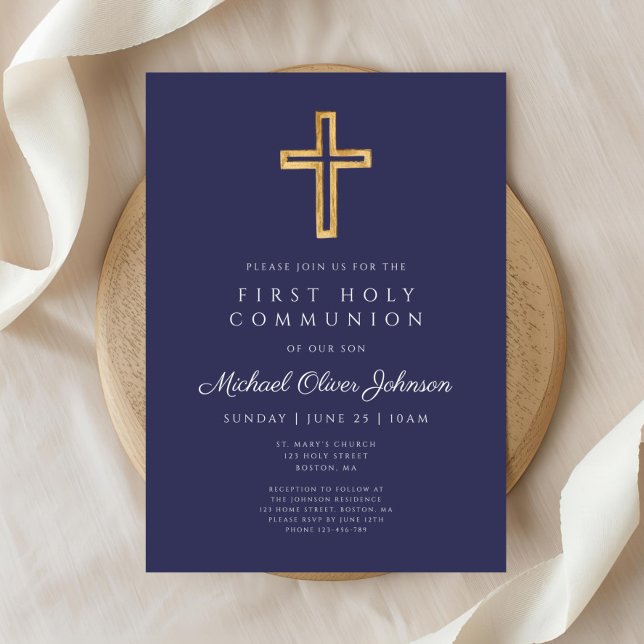 Convite Primeira Comunhão de Meninos Religiosos Azuis Mari (Modern Navy Blue Religious Boy First Communion Invitation)
