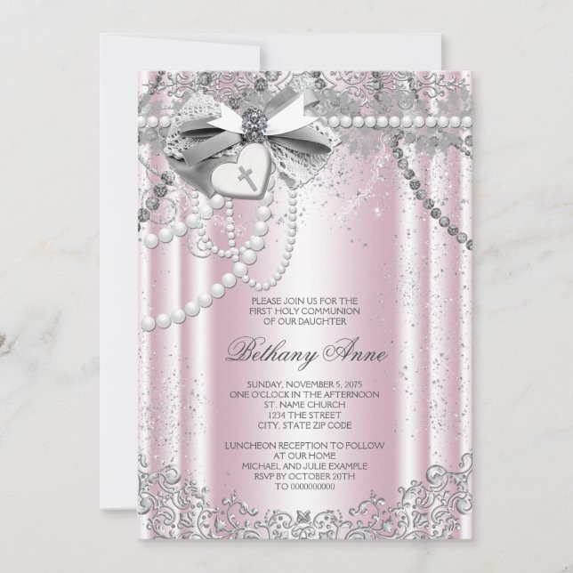 Convite Primeira Comunhão de Pérola Rosa e Cinza (Frente)