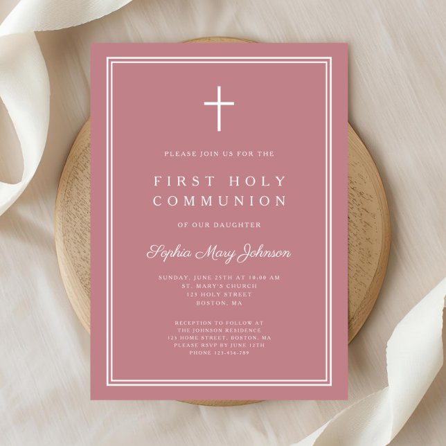 Convite Primeira Comunhão de Rapariga Religiosa Rosa Moder (Modern Pink Religious Cross Girl First Communion Invitation)