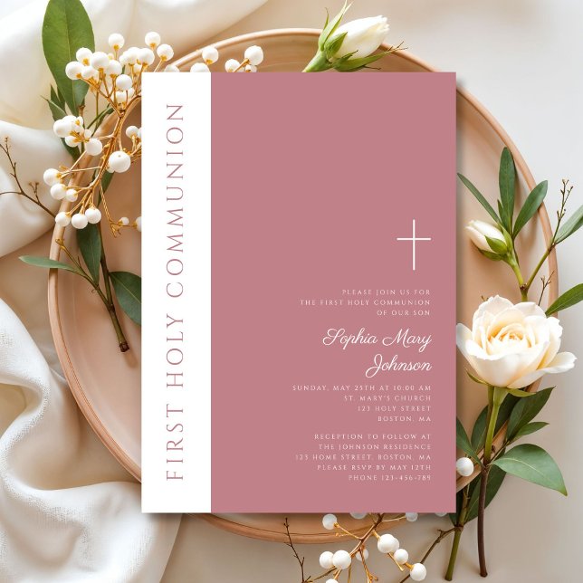 Convite Primeira Comunhão de Rapariga Religiosa Rosa Moder (Modern Pink Religious Cross Girl First Communion Invitation)