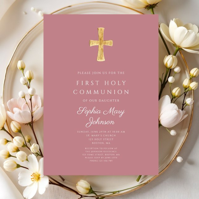 Convite Primeira Comunhão de Rapariga Religiosa Rosa Moder (Modern Pink Religious Cross Girl First Communion Invitation)