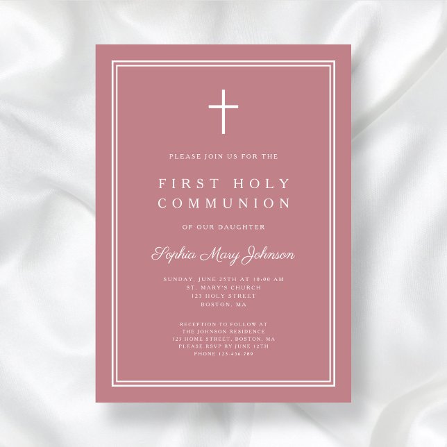 Convite Primeira Comunhão de Rapariga Religiosa Rosa Moder (Modern Pink Religious Cross Girl First Communion Invitation)