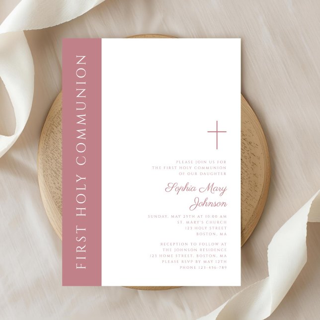 Convite Primeira Comunhão de Rapariga Rosa Elegante Modern (Modern Elegant Pink Cross Girl First Communion Invitation)