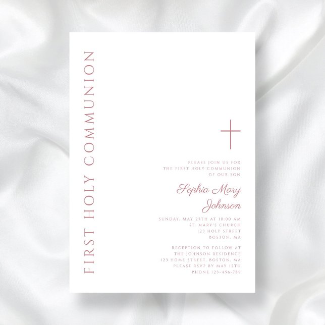 Convite Primeira Comunhão de Rapariga Rosa Elegante Modern (Modern Elegant Pink Cross Girl First Holy Communion Invitation)