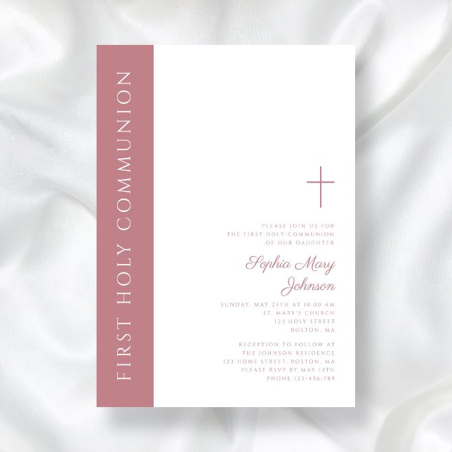 Convite Primeira Comunhão de Rapariga Rosa Elegante Modern (Modern Elegant Pink Cross Girl First Communion Invitation)