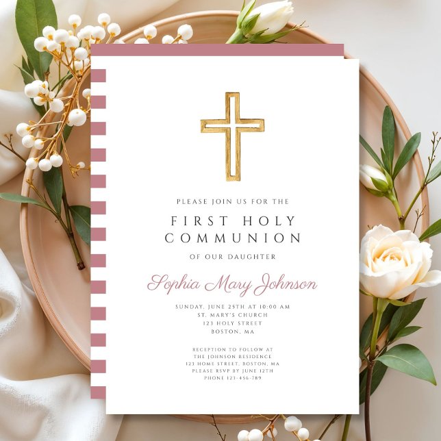 Convite Primeira Comunhão de Rapariga Rosa Moderna (Modern Pink Cross Girl First Communion Invitation)