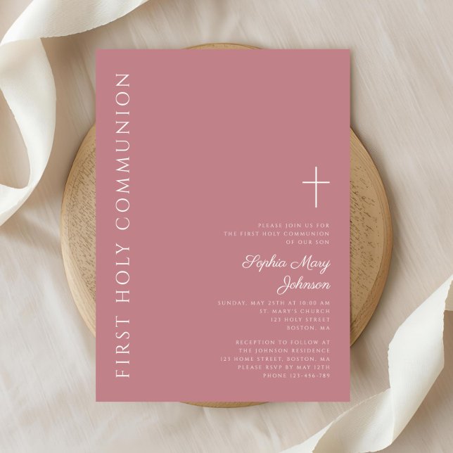 Convite Primeira Comunhão de Rapariga Rosa Moderna (Modern Pink Cross Girl First Communion Invitation)
