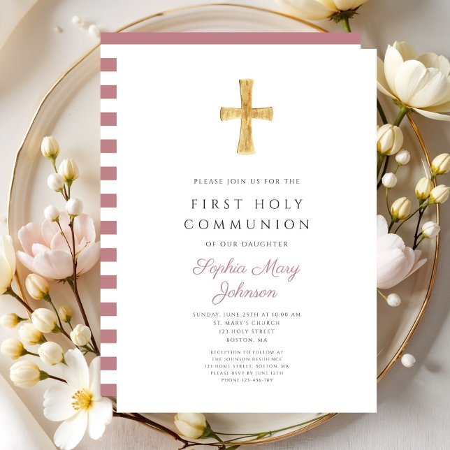 Convite Primeira Comunhão de Raparigas Rosa Moderno (Modern Pink Stripes Cross Girl First Communion Invitation )