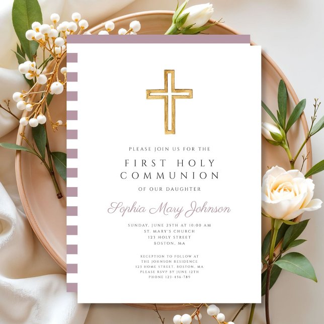 Convite Primeira Comunhão de Raparigas Roxas Modernas (Modern Purple Stripes Cross Girl First Communion Invitation)