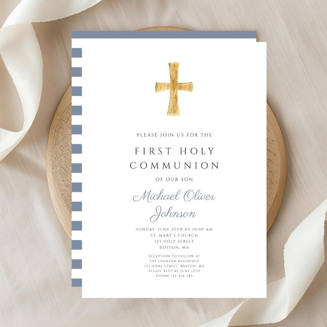 Convite Primeira Comunhão de Tiras Azuis Modernas (Modern Blue Stripes Cross Boy First Communion Invitation )